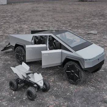 1/24 Tesla Cybertruck Пикап Имитация модели легкосплавного автомобиля Литая металлическая игрушка Внедорожник Модель грузовика Звук и свет Подарок для детей
