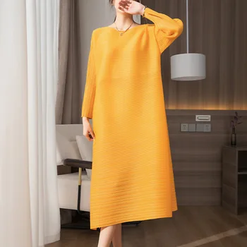 2023 Весна, Miyake, Новое Женское плиссированное однотонное платье средней длины, простое, с круглым вырезом и длинным рукавом, Свободная юбка большого размера