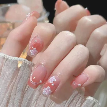 24шт Белый Цветок Розовые накладные ногти Французская Балерина Милые накладные ногти Полное покрытие Квадратные Короткие кончики ногтей Нажимные инструменты для маникюра