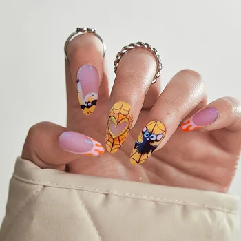 3D набор накладных ногтей аксессуары для Хэллоуина дизайн летучей мыши, паутины, французский миндаль, кончики искусственных накладных ногтей, накладные принадлежности для наращивания ногтей