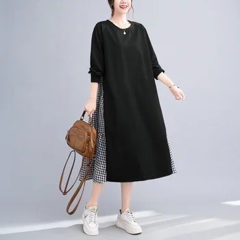 # 7005 Черно-серое клетчатое платье трапециевидной формы в клетку с длинным рукавом, Повседневное Свободное платье-толстовка в Корейском стиле, Женские платья, весна 2023 г.
