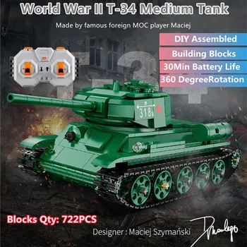 8-Канальный военный танк серии с дистанционным управлением, вращение башни на 360 градусов, Обучающие Строительные блоки, 722 шт., DIY Кирпичи, Радиоуправляемые Игрушки-танки для детей