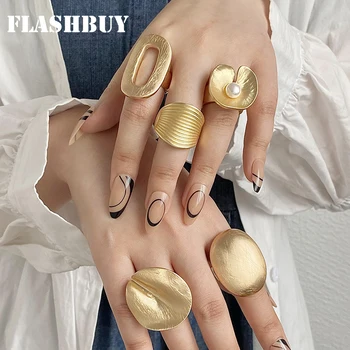 Flashbuy Массивные Металлические кольца золотого цвета с геометрическими узорами для женщин, Преувеличенное Регулируемое Эластичное Веревочное кольцо, модные украшения