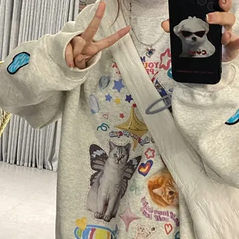 Kawaii Cat Print Hoodie Женская Симпатичная Толстовка С длинным рукавом в Американском ретро стиле E-girl Kitten Angel Graphic Alt Clothes Y2k
