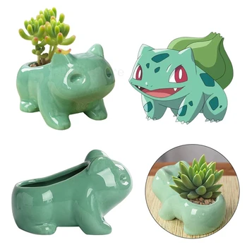 Pokemon Bulbasaur Pot Bunga Mini Keramik Pot Bunga Tanaman Hijau Sukulen Lucu dengan Lubang Dekorasi Taman Rumah Hadiah Penanam