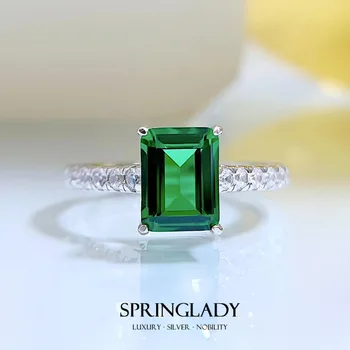 SpringLady Luxury 100% Стерлинговое Серебро 925 пробы 6*8 мм 1 карат Изумруд с высокоуглеродистым бриллиантом, кольцо на палец, ювелирные украшения для вечеринок