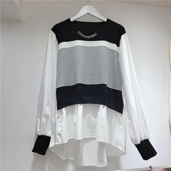SuperAen в корейском стиле, трикотажная рубашка с контрастными вставками из двух частей в полоску, топ для женских осенних рубашек нового стиля.