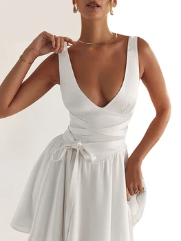 Белое платье, женское однотонное атласное мини-платье трапециевидной формы, осеннее элегантное облегающее платье с V-образным вырезом и высокой талией, сексуальные женские вечерние платья для официальных мероприятий