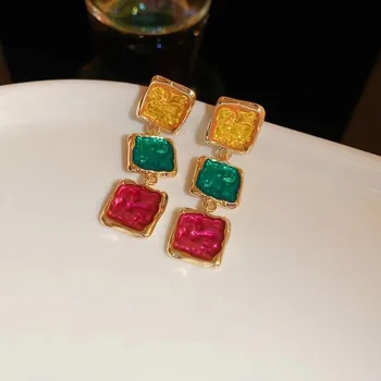 Винтажные серьги в богемном стиле Для женщин, подходящие по цвету Геометрические цветные блоки, ювелирные изделия с капельным маслом и темпераментом