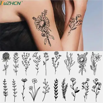 Водонепроницаемые одноразовые наклейки для временных татуировок Растительные линии цветов лаванды, маленькие свежие наклейки с цветами черно-белой лилии