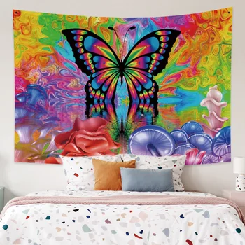 Гобелен с бабочками и грибами, висящий на стене, Психоделический богемный гобелен в стиле хиппи, Художественная спальня, гостиная, Украшение дома в общежитии