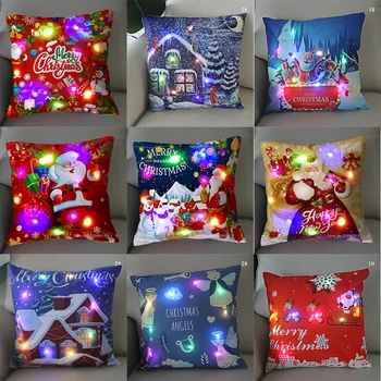 Декоративная светодиодная подсветка, Рождественский чехол для подушки, Санта-Клаус, квадратный чехол для подушки с рисунком снеговика из мультфильма, наволочка из полиэстера