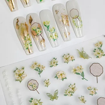 Желтовато-зеленые цветы, Бабочки, Рельефы с тиснением 5D, Самоклеящиеся наклейки для ногтей, Лилии, Скрипка, 3D Наклейки для маникюра Оптом