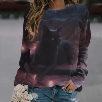 Женская толстовка с изображением Черного кота, пуловер с круглым вырезом, без капюшона, Свободные топы, повседневная женская толстовка с длинным рукавом, Осень