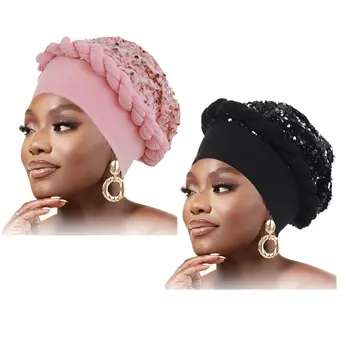 Женские африканские тюрбаны, головные повязки, шапочка-бини с блестками, повязка на голову, предварительно завязанная коса, головной убор, головной убор для чернокожих женщин