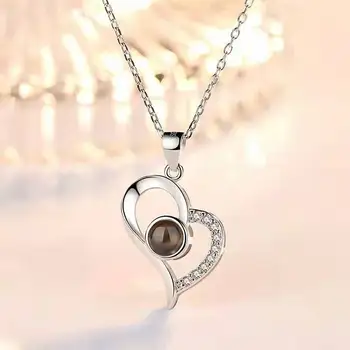 Женское колье с подвеской в виде сердца, ожерелье с цепочкой из нержавеющей стали, проекционные ожерелья на 100 языках 