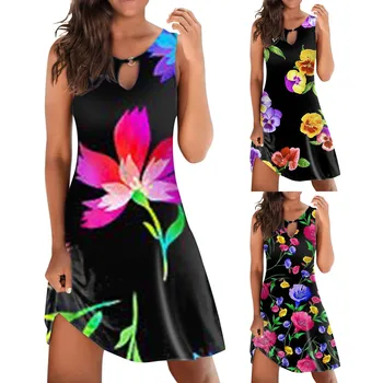 Женское летнее свободное платье без рукавов с цветочным принтом, сарафан с V-образным вырезом, повседневное пляжное платье, женское платье vestidos para mujer