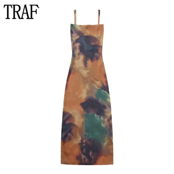 Женское платье-комбинация TRAF Tie Dye, вязаные длинные платья для женщин 2023, Летнее платье миди с открытой спиной, женское вечернее платье на тонких бретелях, женское платье для вечеринок
