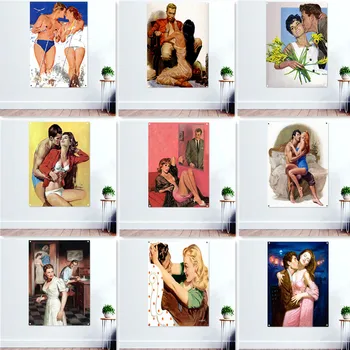 Интимная пара Винтажные плакаты с девушками в стиле Пин-Ап, Декоративный Баннер, Настенная живопись, Гобелен, Сексуальный Арт-флаг, Декор стен бара, кафе, паба, Фреска