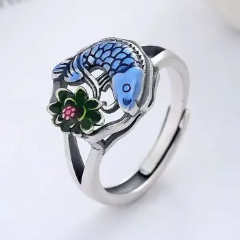 Кольцо из стерлингового серебра SR S925, Винтажный клей с синей каплей, Красочный Этнический Счастливый Карп, Кисточка в виде Лотоса, Открытое кольцо