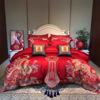 Комплект постельного белья Red Chinese Wedding из египетского хлопка 100-х годов с вышивкой Loong Phoenix, пододеяльник с кисточками, постельное белье, покрывало, наволочки