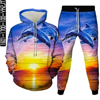 Комплекты мужских модных спортивных костюмов с изображением акулы, дельфина, рыбы, креативной одежды с 3D принтом животных, толстовка + брюки, Женская повседневная спортивная одежда, Размер S-6X