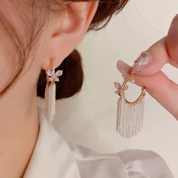 Корейская мода Циркон Серьги-бабочки Серьги-кольца с кисточками Ювелирные изделия для женщин