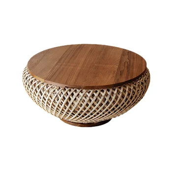 Круглый чайный столик из массива дерева PQF Чайный столик из ротанга Простой Маленький круглый Столик Чайный столик из тикового дерева