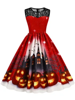 Кружевные винтажные платья на Хэллоуин для женщин 2023, Элегантное платье Миди трапециевидной формы без рукавов с принтом тыквы