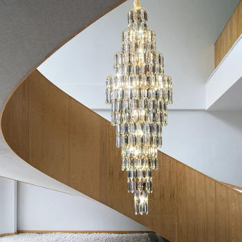 Лестница для виллы с высоким потолком, Хрустальный подвесной светильник, современный двухуровневый купол в стиле ЛОФТ, Декоративная Металлическая Длинная люстра