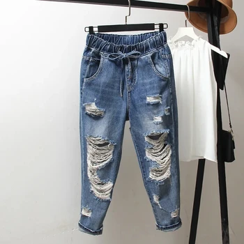Летние Корейские модные Женские свободные джинсовые брюки с эластичной резинкой на талии, рваные джинсы в стиле ретро, универсальные повседневные джинсовые шаровары, женская одежда