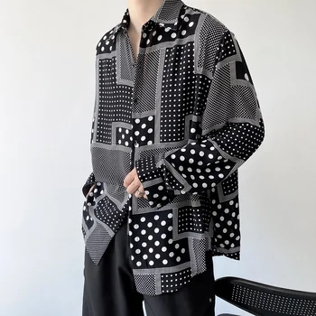 Летний тренд SYUHGFA 2023 Темные рубашки Персонализированные мужские топы с длинными рукавами в горошек с принтом Повседневная мужская уличная одежда в корейском стиле