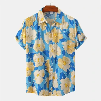 Летняя синяя рубашка с цветочным принтом, мужские блузки с короткими рукавами и пуговицами, повседневная рубашка с отложным воротником, топы уличной одежды