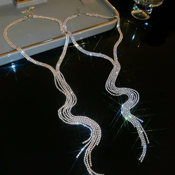 Модное длинное ожерелье с кисточкой из блестящего горного хрусталя, многослойное ожерелье, Элегантные вечерние ювелирные аксессуары