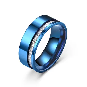 Модное мужское кольцо из титановой стали синего цвета 8 мм, Винтажное Стальное кольцо серебряного цвета, Инкрустированное Метеоритами, Для мужчин, Обручальное кольцо, Ювелирные Изделия, Подарки