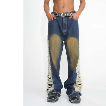 Модные свободные джинсы с кисточками, мужские длинные брюки, винтажные широкие брюки для скейтборда в стиле пэчворк в стиле хип-хоп, большие размеры