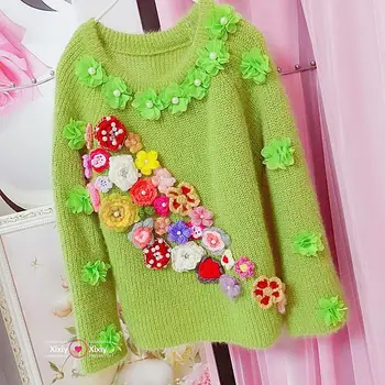 Модный Корейский пуловер в стиле пэчворк с цветочным принтом, с круглым вырезом и длинными рукавами, шикарный свитер, Модный прямой шикарный вязаный топ