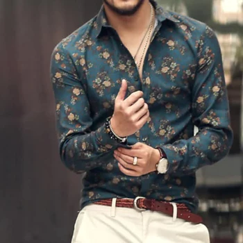 Мужская Повседневная Винтажная рубашка с цветочным принтом на пуговицах, рубашка классического дизайна с длинным рукавом, Модная приталенная рубашка S-4XL