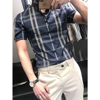 Мужская рубашка в клетку с короткими рукавами, модный бренд, деловой повседневный мужской топ в стиле ретро, летний приталенный лацкан