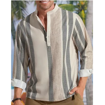 Мужские модные рубашки и блузки из хлопка и конопли в полоску с V-образным вырезом и длинным рукавом с расположенным принтом