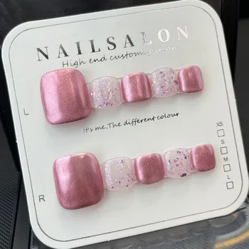 Накладные ногти ручной работы с розовым блестящим дизайном, Многоразовые клейкие накладные ногти, полное покрытие, Искусственные накладные ногти на ногах.