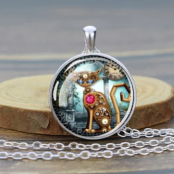Ожерелье с котом в стиле стимпанк, часы в стиле стимпанк, стеклянная подвеска с кабошоном, панк-украшения