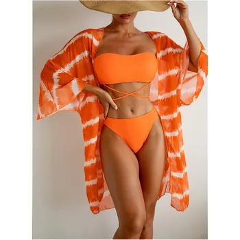 Оранжевый топ-бикини, купальник-бандо, купальники с ремешками, кардиган в полоску, пляжная одежда, бикини с микро-стрингами, Женский купальщицкий комплект