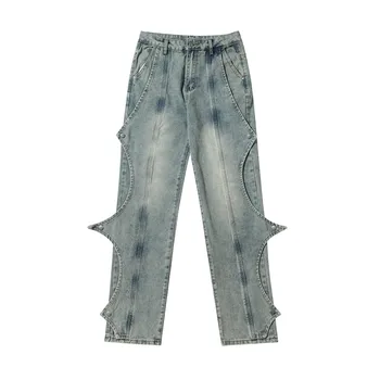 Прямые джинсы с подкладкой в стиле хип-хоп, мужские пуговицы, ретро Винтажные джинсовые широкие брюки Four Seasons