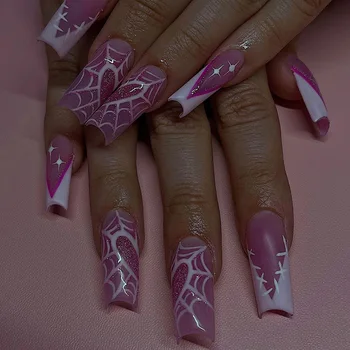 Розово-фиолетовые длинные накладные ногти в виде гроба Y2K, накладные ногти с полным покрытием, французский балет, накладные ногти для женщин, вечеринка на Хэллоуин