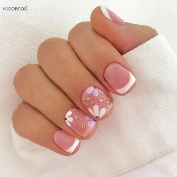 Розовые Матовые накладные ногти Цветочный дизайн Белый френч-пресс на ногтях Короткие Квадратные накладные ногти Для женщин и девочек DIY Nails Art 2023
