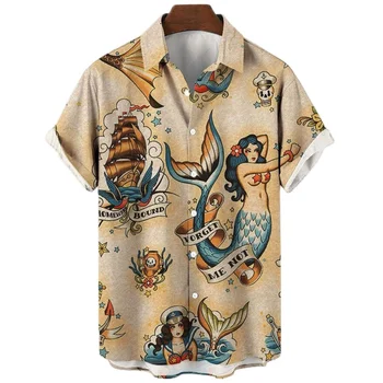 Рубашки с изображением рыбы-русалки для мужчин, Гавайские пляжные рубашки с 3D принтом, Топы y2k, Винтажная одежда, блузка с лацканами