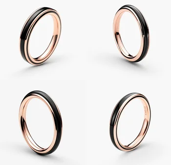 Серебро S925 пробы, великолепное кольцо из розового золота с черной эмалью на белом фоне | Элегантный и современный стиль