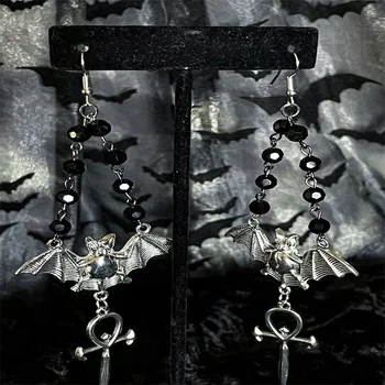 Серьги с крестом в виде летучей мыши-вампира, висячие серьги из Анх-черного хрусталя, Подарки из оккультных готических украшений