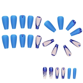 Синие французские накладные ногти, накладные кончики ногтей, полное покрытие, готовые к искусству ногти